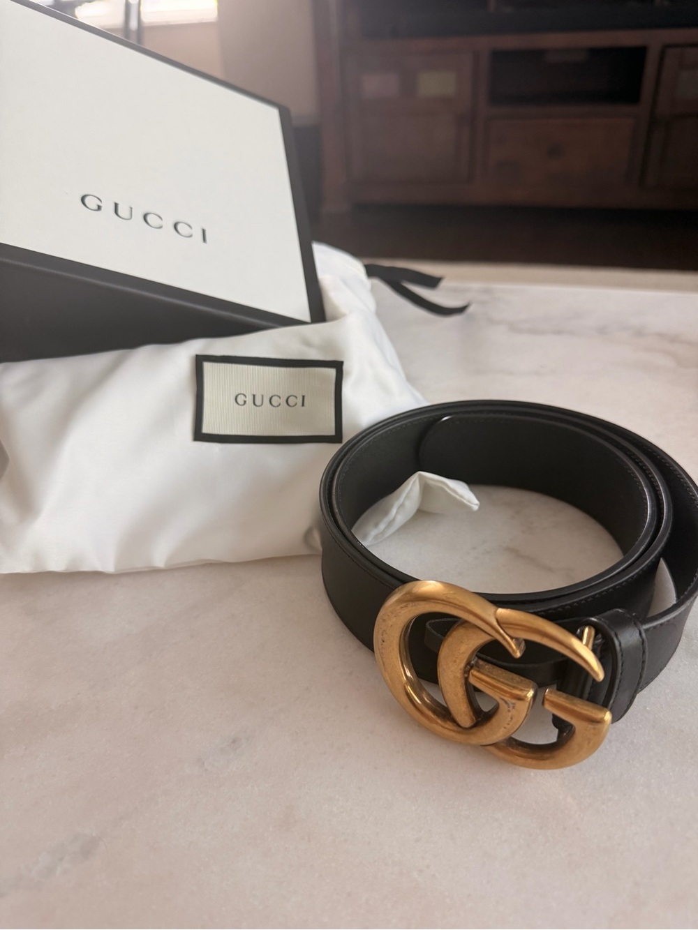 Gucci GG Marmont Black Leather Belt Gold Buckle Size 100 Box + Dust Bag
